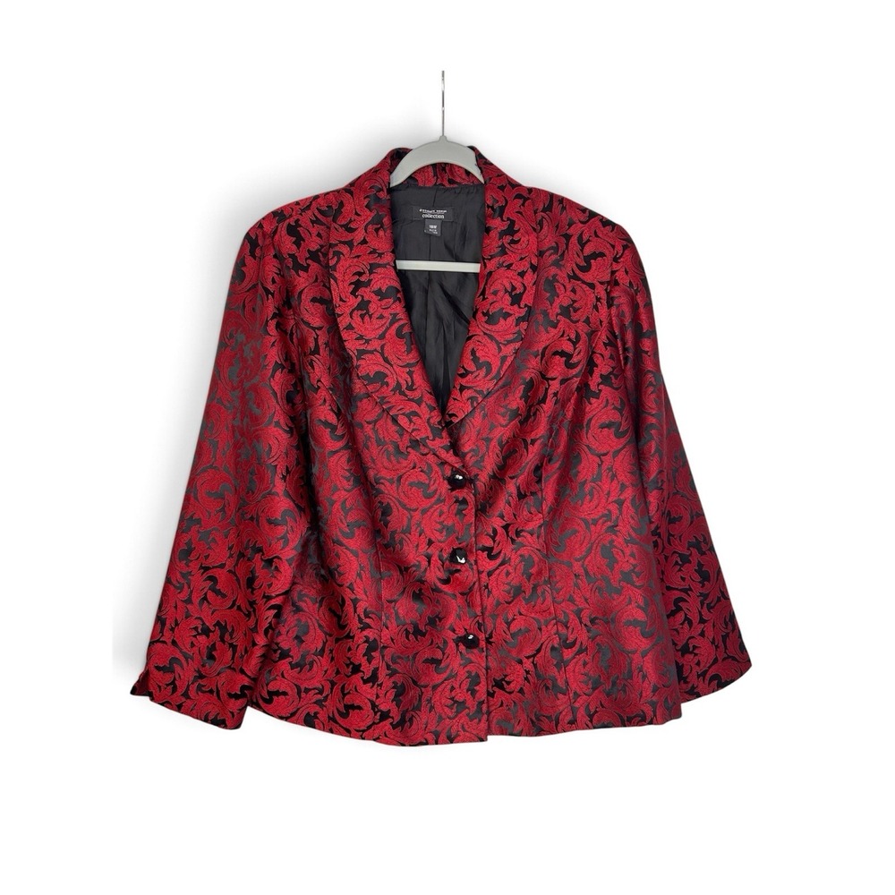 Dressbarn Woman Collection 18W Red Black Floral Jacquard Blazer Jacket